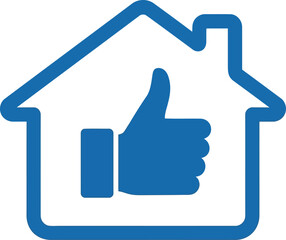 A blue icon representing home approval, featuring a thumbs-up gesture inside a house outline.