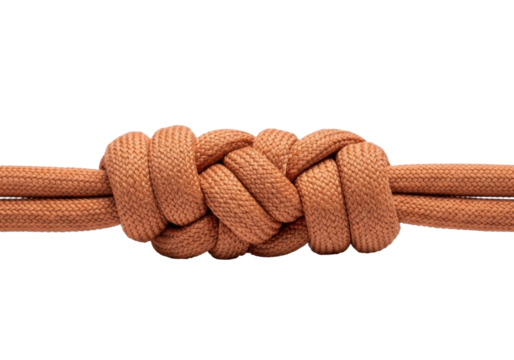 A central climbing hitch knot of three terracotta hemp ribbons, rugged texture, tied tightly on a transparent background with copy space, concept of strength and utility