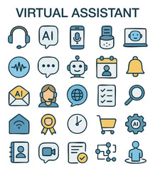 Virtual Assistant & AI Support Icon Set &ndash; Flat Design for Chatbot, Automation & Customer Service