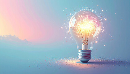 パステルグラデーション背景に配置された透明な電球が、内側から光ときらめきを放つ幻想的な構図。ひらめきや創造性、アイデア、インスピレーションを象徴するデザイン素材として幅広い用途に適したアート表現。