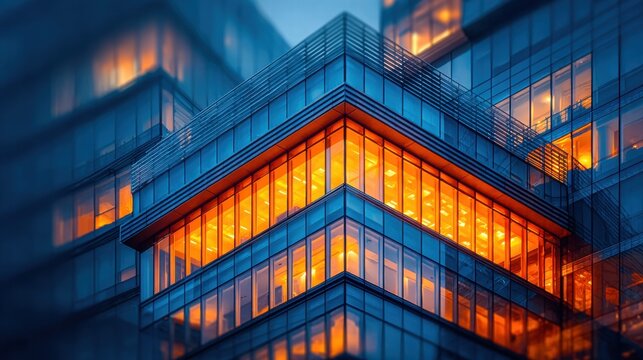 Modern glass building at dusk, showcasing illuminated interior and architectural design.