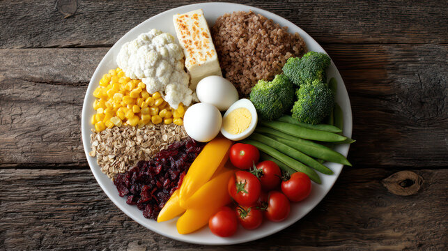 Healthy vegetarian meal with colorful vegetables, grains, and eggs, arranged white plate rustic wooden surface, emphasizing