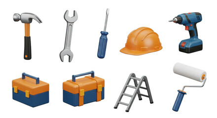 Collection of 3d rendered tools and safety gear for construction and diy projects