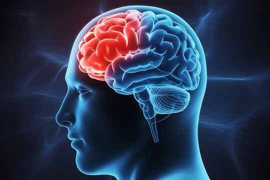 3d side profile medical rendering of the human brain with frontal lobe highlighted showing cognition planning memory and neural connections for neurology healthcare and education