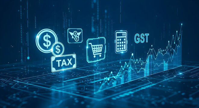 Digital illustration depicting tax, gst, finance, and business concepts with a rising graph, representing growth, investment, and economic trends in the market