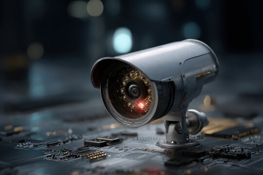 Innovative CCTV security technology with a lock icon and circuit board background showcasing modern surveillance capabilities for enhanced safety