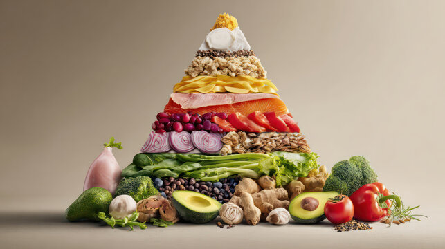 Colorful food pyramid with fresh vegetables, fruits, grains, and proteins arranged pyramid shape, emphasizing healthy eating