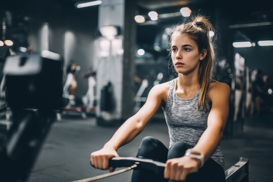 Woman Exercising on Rowing Machine – Full-Body Cardio and Strength Training Workout photo. Fictional Character Created By Generative AI - Powered by Adobe