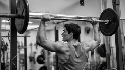 Fototapeta premium Fit Man Lifting Barbell – Strength Training and Fitness Workout with Free Weights Photo. Fictional Character Created By Generative AI
