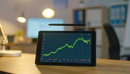 Tablet Displaying Financial Growth Chart with Green Lines and Black Background on Wooden Desk Illuminated by Warm Office Lighting