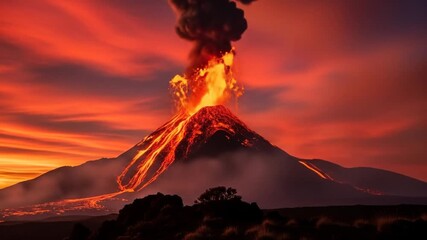 Dynamic video depicting the awe-inspiring spectacle of a fiery volcanic eruption against a vibrant sky landscape, showcasing the raw power of nature, intense heat and molten lava flow 130 characters - Powered by Adobe