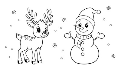 Cute cartoon reindeer and snowman celebrating Christmas in a black and white illustration for a coloring book