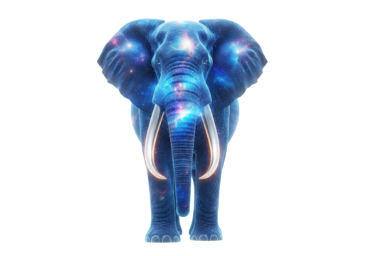 Colossal cosmic elephant, sculpted from vibrant nebulae, glowing sapphire blue with silver-gold tusks, majestic on white void with copy space, cosmic wisdom and protection concept