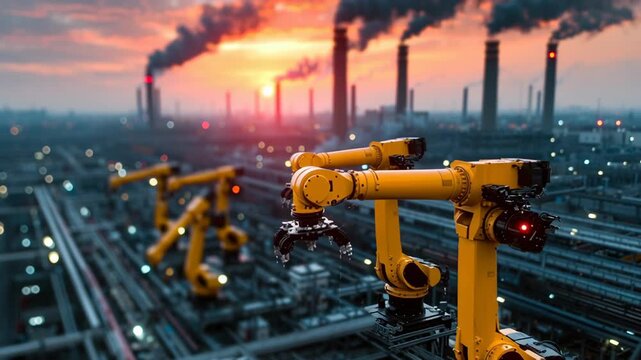 Industrial Automation with Robotic Arms in Factory Setting Showcasing Advanced Technology Amidst Sunset and Smoke from Chimneys