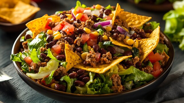 Beef taco salad made with beans corn nacho chips lettuce tomato