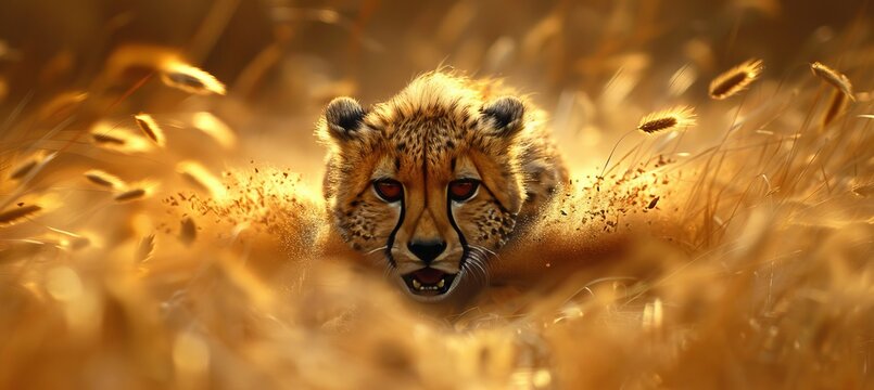 A cheetah sprinting gracefully across the expansive grasslands in pursuit of prey