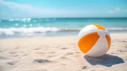 Obraz premium An orange and white beach ball on the sand with a sea background, with copy space. Summer vacation banner background illustration.