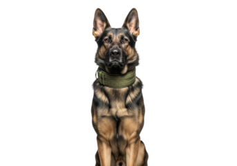 Muscular adult male German Shepherd dog, deep sable, tactical collar, stands on white studio background, intensely focused, concept of loyalty and discipline