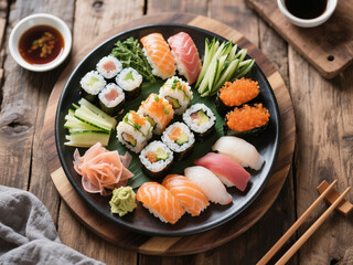 Colorful sushi platter featuring assorted nigiri and maki rolls with salmon, tuna, and white fish, served with wasabi, ginger, and soy sauce. Presented on a round black plate over rustic wooden table