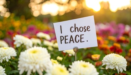 Motivational message on a sign amidst colorful flowers at sunset