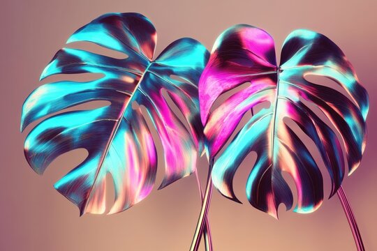 Neon tropical monstera leaf on brown background