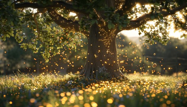 Majestic tree with luminous branches in a surreal, enchanted forest landscape full of wonder - Powered by Adobe