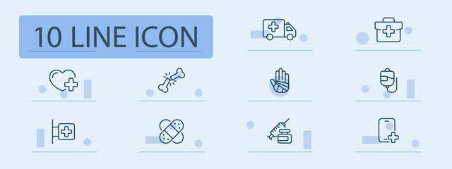 Medical emergency set icon. Ambulance, first aid kit, IV bag, broken bone, hospital bed, syringe, heart, bandage, injured hand, phone with cross, outlined on light blue background.