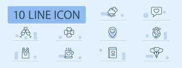 Love and emotion set icon. Hearts appear in speech bubbles, drinks, books, clouds, maps, and coffee items to express affection, location sentiment, and emotional interaction.