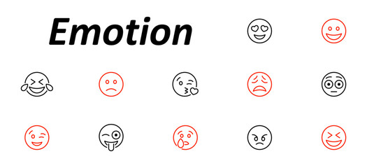 Emotion set icon. Smiling, crying, kissing, winking, angry, sad, surprised, laughing, and heart-eye expressions in circular outlined emoji faces with expressive line style.