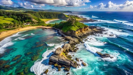 Aerial view of a tropical coastline with turquoise water, waves crashing on rocks and a sandy beach