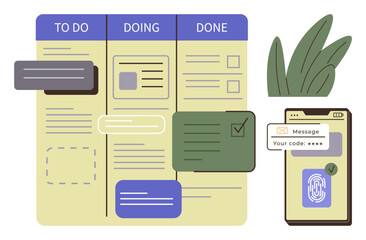 Task board with To Do, Doing, Done sections, mobile device showing authentication code and fingerprint. Ideal for productivity, organization, workflow, security, planning scheduling teamwork © robu_s