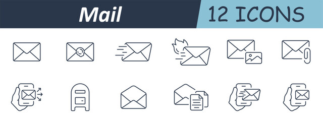 Mail set icon. Line icons present closed, sent, burning, attached, and multimedia emails, envelopes with documents, mobile messaging, and various mail delivery methods
