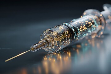 Syringe glowing with digital circuit lines representing biotech.
