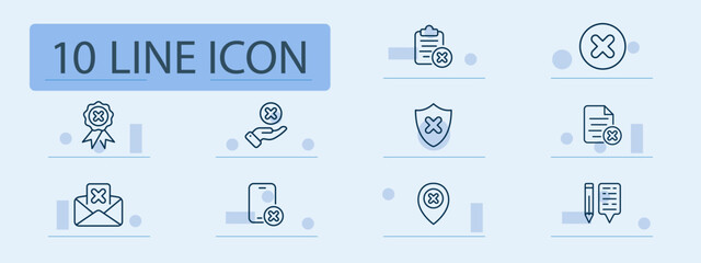 Rejection and denial set icon. Cross mark shown with clipboard, certificate, shield, envelope, document, phone, message, hand, pointer, location pin in cancel or error use