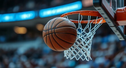 Fototapeta premium Basketball about to go through orange hoop and white net sport game