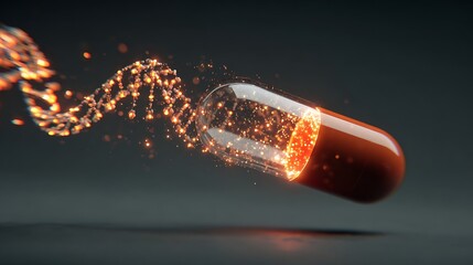 Floating capsule with glowing DNA double helix spiraling around it.