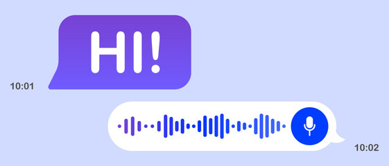 message set icon. Message bubbles with waveform, playback icon, timestamp, duration, reaction emojis, like symbol and contrasting light