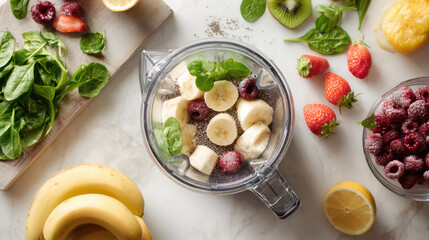 Fresh fruit smoothie preparation scene with sliced bananas, berries, leafy greens, lemon, and other fruits white marble