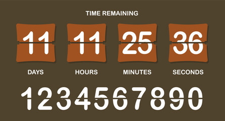 Countdown timer icon. Flip-style numeric display showing days, hours, minutes, seconds with brown background, bold split numbers, and a clear time-remaining header in white text.