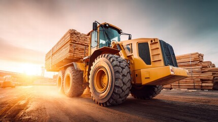Obraz premium A yellow loader carries a huge stack of lumber on a construction site at sunset.