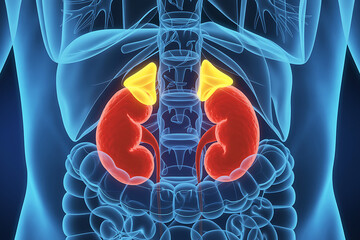 3d medical visualization of human kidneys with adrenal glands highlighted demonstrating urinary system renal function hormones and abdominal anatomy for healthcare education and research