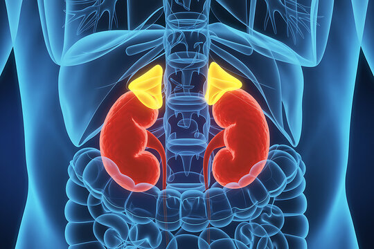 3d medical visualization of human kidneys with adrenal glands highlighted demonstrating urinary system renal function hormones and abdominal anatomy for healthcare education and research