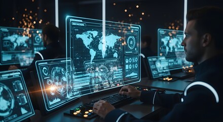 Men in a control room monitor digital displays, analyzing data and information.