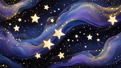 A cosmic luxury scene of deep blues and purples with glowing white and yellow stars swirls against velvety black, framed by a subtle golden glow that adds elegance and celestial wonder.
