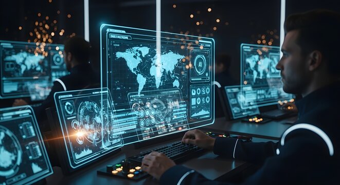 Men in a control room monitor digital displays, analyzing data and information.