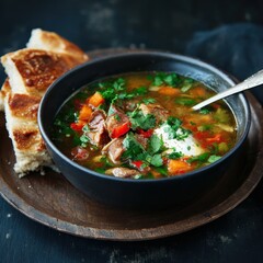 Bowl of savory soup with bread on rustic wooden tray, dark background, cilantro garnish
