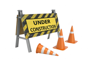 Construction barrier and traffic cones under construction sign isolated on transparent background