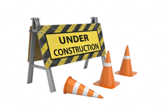 Construction barrier and traffic cones under construction sign isolated on transparent background