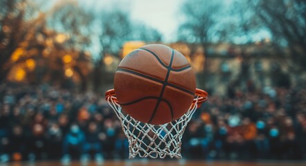 Fototapeta premium Basketball suspended mid air above net with blurred crowd background hoop sport