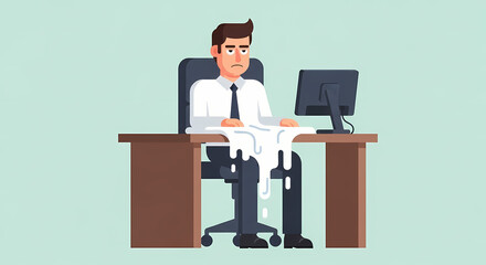 A stressed businessman sitting at his office desk with a white liquid spilling over his shirt and the table, looking overwhelmed by his work.